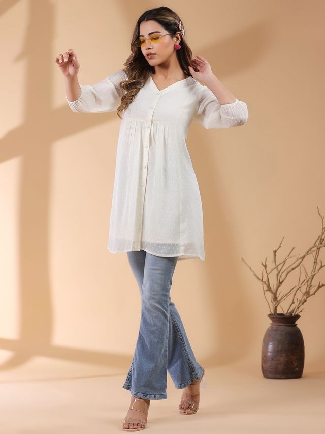 Off White Chiffon A-Line Tunic\ Short Top \ Only Top with linings [ Export Quality]