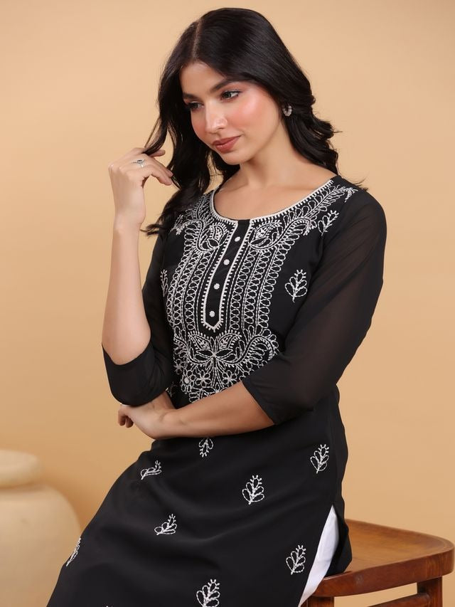 Black Georgette Thread Embroidered Straight Punjabi Kurta [ Export Quality ]