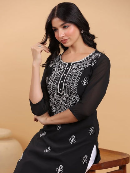 Black Georgette Thread Embroidered Straight Punjabi Kurta [ Export Quality ]