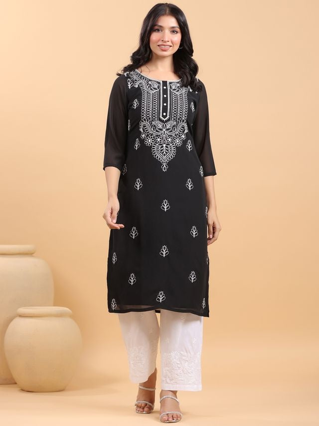 Black Georgette Thread Embroidered Straight Punjabi Kurta [ Export Quality ]
