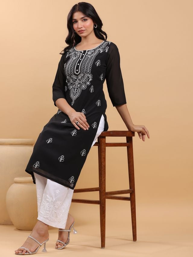 Black Georgette Thread Embroidered Straight Punjabi Kurta [ Export Quality ]