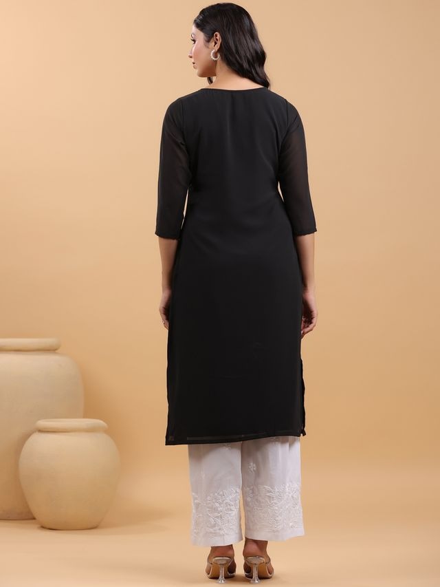 Black Georgette Thread Embroidered Straight Punjabi Kurta [ Export Quality ]