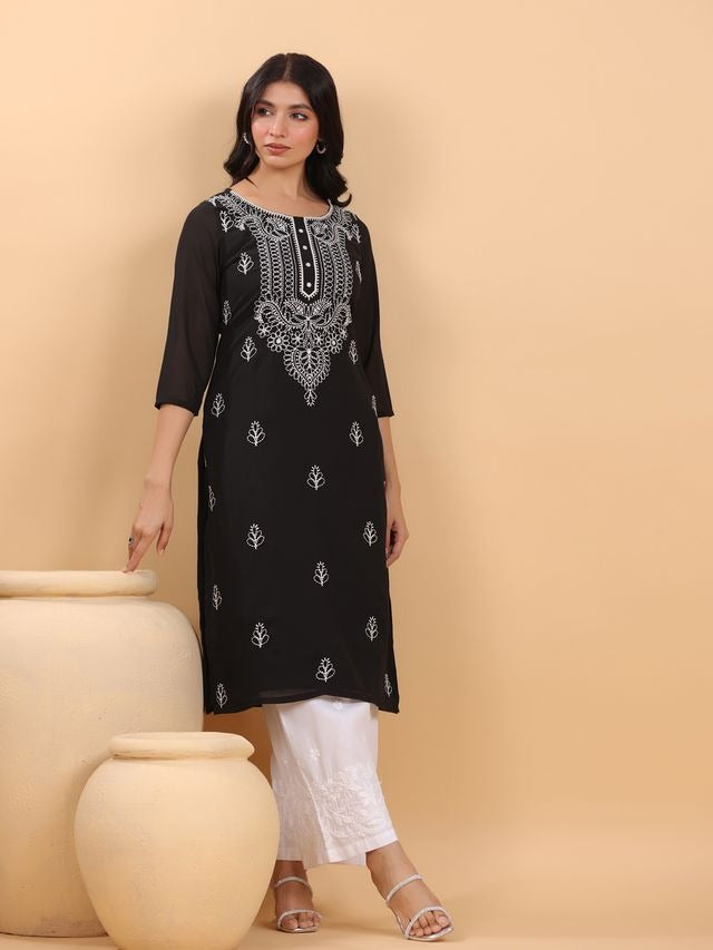 Black Georgette Thread Embroidered Straight Punjabi Kurta [ Export Quality ]