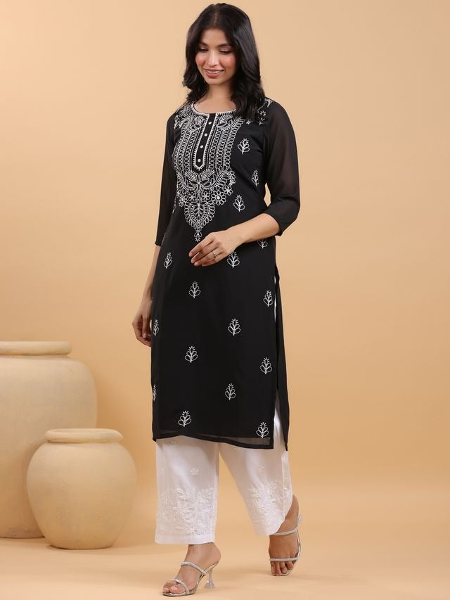 Black Georgette Thread Embroidered Straight Punjabi Kurta [ Export Quality ]