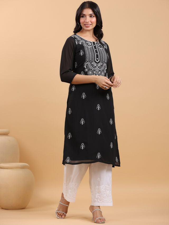 Black Georgette Thread Embroidered Straight Punjabi Kurta [ Export Quality ]