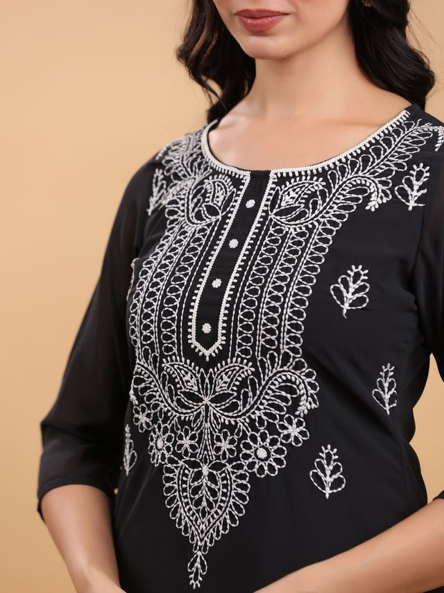 Black Georgette Thread Embroidered Straight Punjabi Kurta [ Export Quality ]