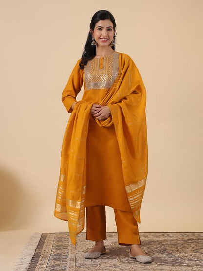 Mustard Cotton Blend Yoke Embroidered Straight Punjabi Suit 3 Pcs Set [ Export Quality ]