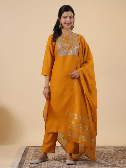 Mustard Cotton Blend Yoke Embroidered Straight Punjabi Suit 3 Pcs Set [ Export Quality ]