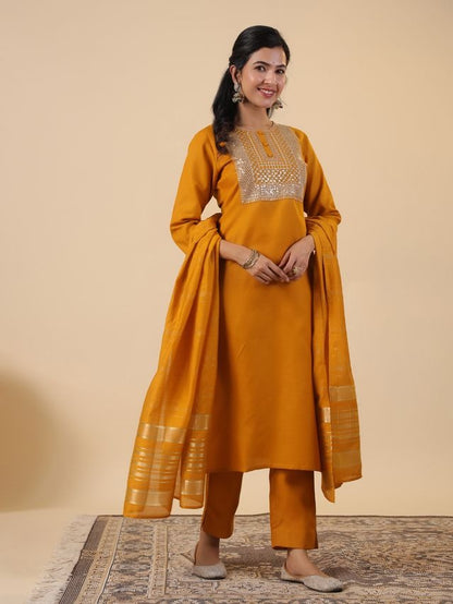 Mustard Cotton Blend Yoke Embroidered Straight Punjabi Suit 3 Pcs Set [ Export Quality ]