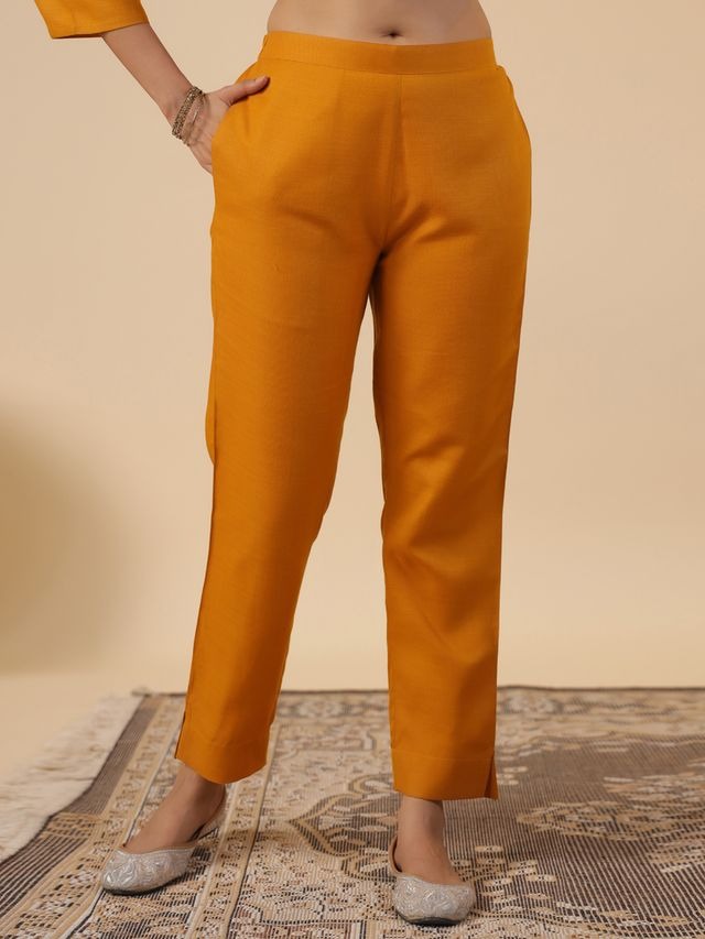 Mustard Cotton Blend Yoke Embroidered Straight Punjabi Suit 3 Pcs Set [ Export Quality ]