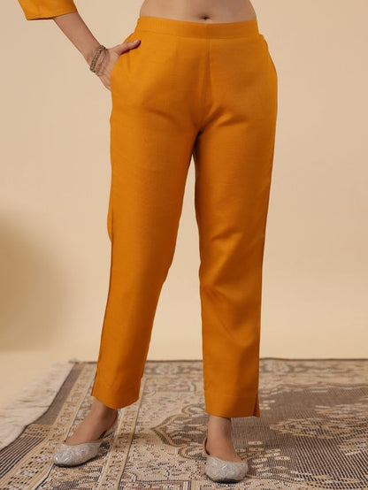 Mustard Cotton Blend Yoke Embroidered Straight Punjabi Suit 3 Pcs Set [ Export Quality ]