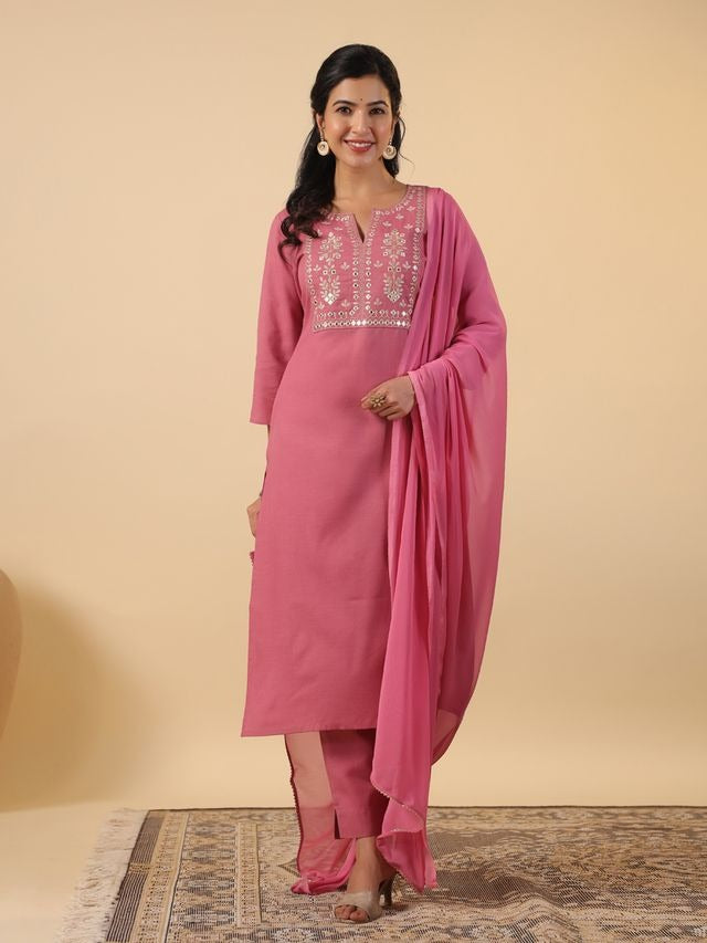 Pink Cotton Blend Yoke Embroidery Straight Punjabi Suit 3 Pcs Set [ Export Quality ]