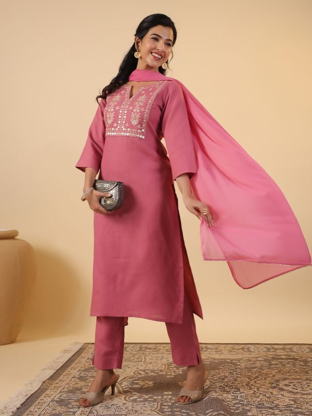 Pink Cotton Blend Yoke Embroidery Straight Punjabi Suit 3 Pcs Set [ Export Quality ]