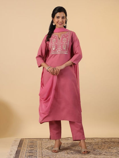 Pink Cotton Blend Yoke Embroidery Straight Punjabi Suit 3 Pcs Set [ Export Quality ]