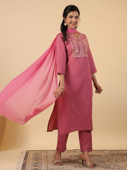 Pink Cotton Blend Yoke Embroidery Straight Punjabi Suit 3 Pcs Set [ Export Quality ]