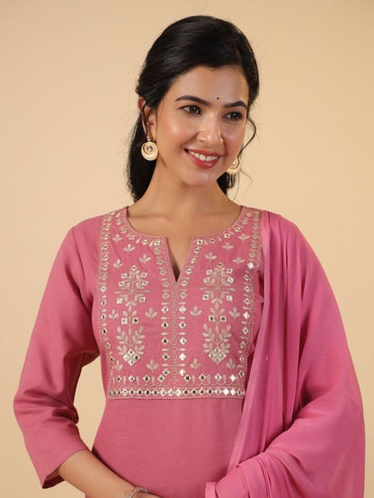Pink Cotton Blend Yoke Embroidery Straight Punjabi Suit 3 Pcs Set [ Export Quality ]