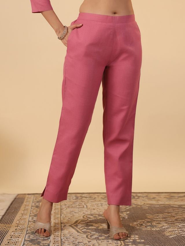 Pink Cotton Blend Yoke Embroidery Straight Punjabi Suit 3 Pcs Set [ Export Quality ]