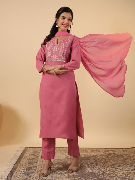 Pink Cotton Blend Yoke Embroidery Straight Punjabi Suit 3 Pcs Set [ Export Quality ]