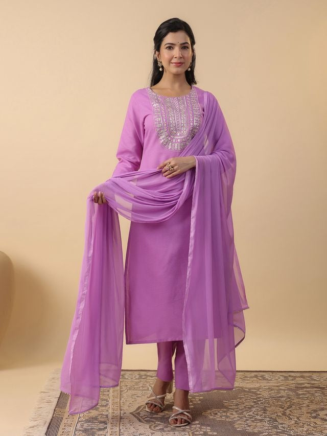 Lavender Cotton Blend Yoke Embroidered Straight Punjabi Suit 3 Pcs Set [ Export Quality ]