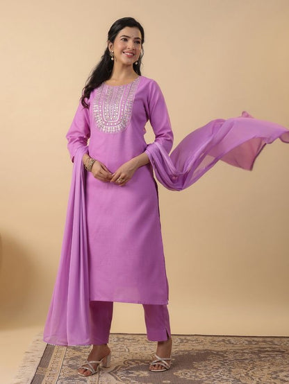 Lavender Cotton Blend Yoke Embroidered Straight Punjabi Suit 3 Pcs Set [ Export Quality ]