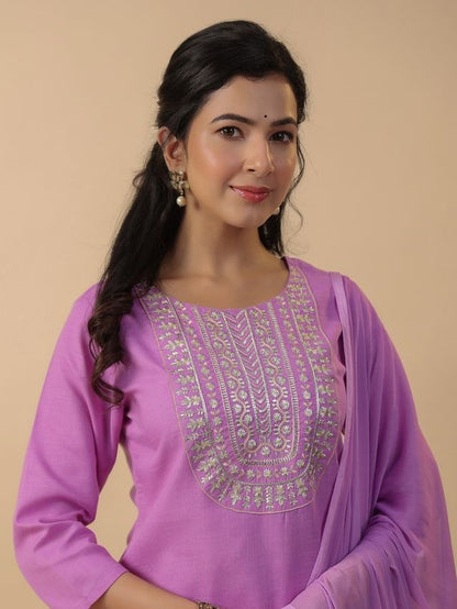 Lavender Cotton Blend Yoke Embroidered Straight Punjabi Suit 3 Pcs Set [ Export Quality ]