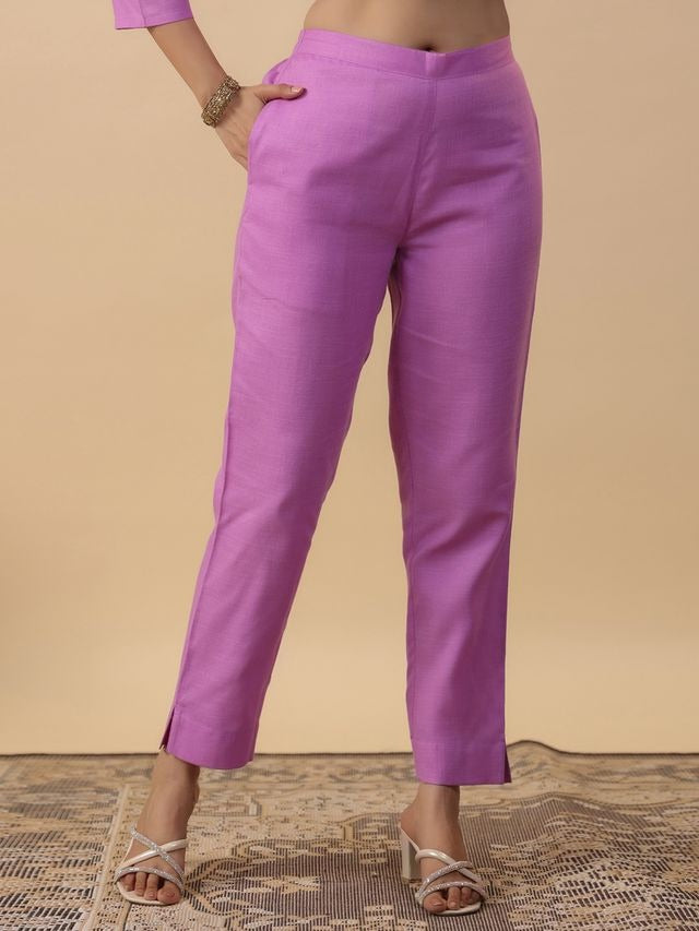 Lavender Cotton Blend Yoke Embroidered Straight Punjabi Suit 3 Pcs Set [ Export Quality ]