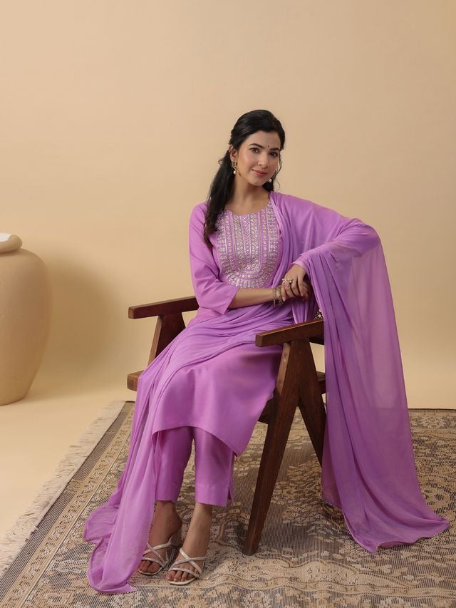 Lavender Cotton Blend Yoke Embroidered Straight Punjabi Suit 3 Pcs Set [ Export Quality ]