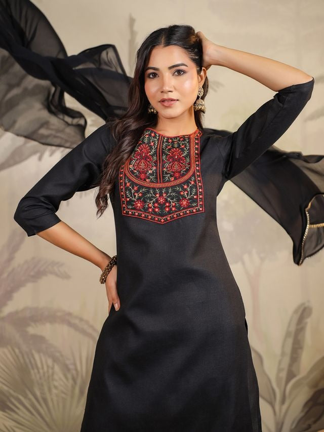 Black Cotton Blend Yoke Embroidered Straight Punjabi Suit 3 Pcs Set [ Export Quality ]