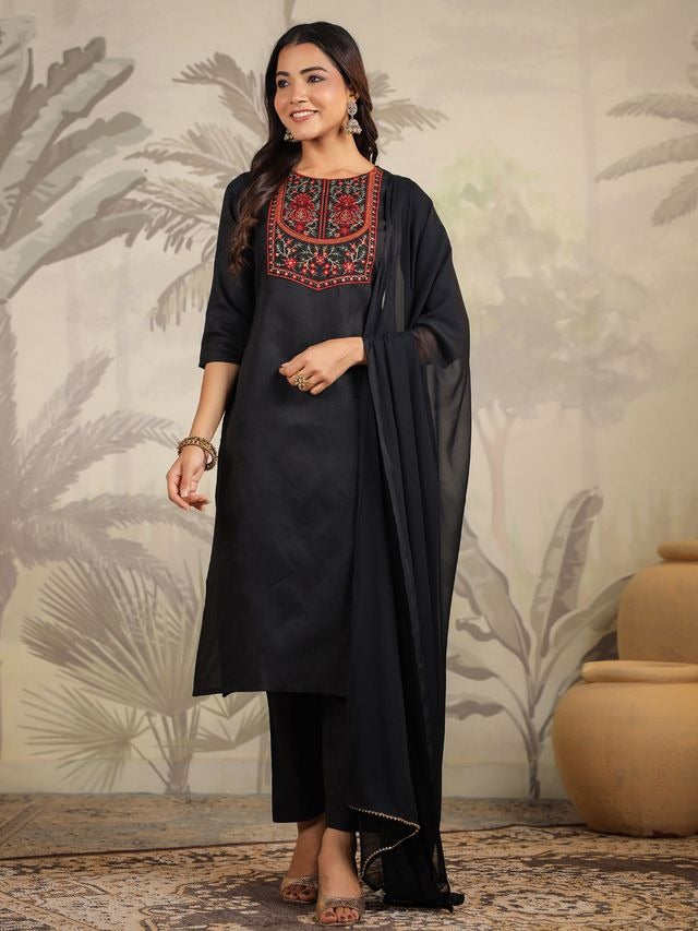 Black Cotton Blend Yoke Embroidered Straight Punjabi Suit 3 Pcs Set [ Export Quality ]