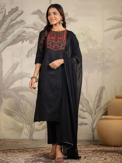Black Cotton Blend Yoke Embroidered Straight Punjabi Suit 3 Pcs Set [ Export Quality ]