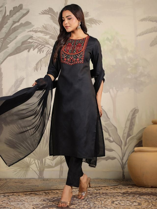 Black Cotton Blend Yoke Embroidered Straight Punjabi Suit 3 Pcs Set [ Export Quality ]