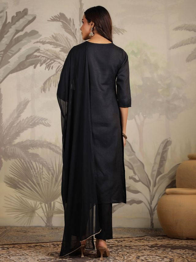 Black Cotton Blend Yoke Embroidered Straight Punjabi Suit 3 Pcs Set [ Export Quality ]