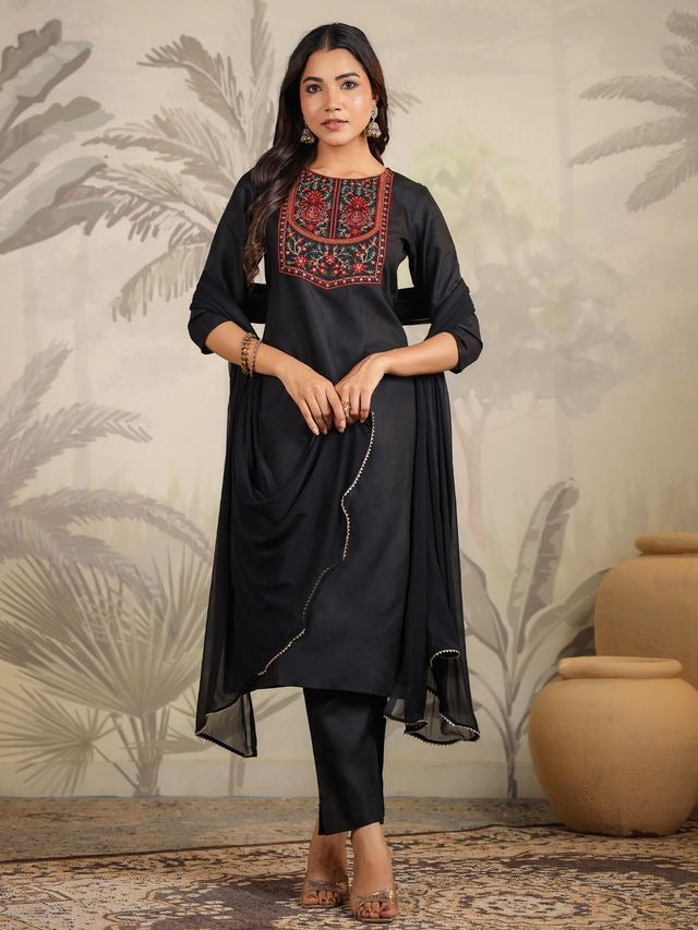 Black Cotton Blend Yoke Embroidered Straight Punjabi Suit 3 Pcs Set [ Export Quality ]