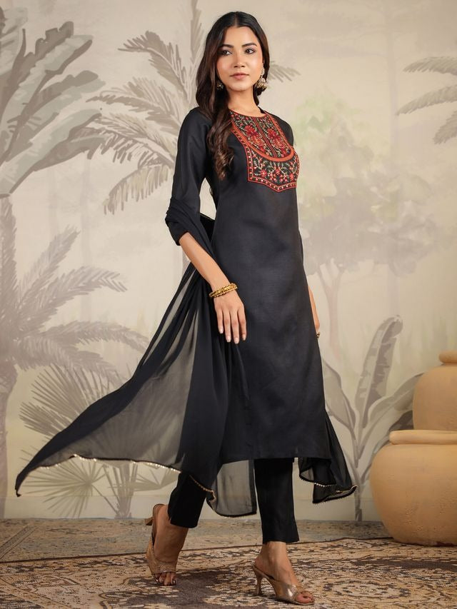 Black Cotton Blend Yoke Embroidered Straight Punjabi Suit 3 Pcs Set [ Export Quality ]