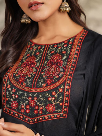 Black Cotton Blend Yoke Embroidered Straight Punjabi Suit 3 Pcs Set [ Export Quality ]