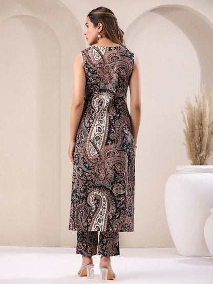 Sleeveless Black Cotton Paisley Printed Straight-Cut Kurta 2 Pcs Punjabi Suit Set [ Export Quality]