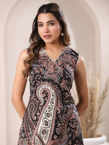 Sleeveless Black Cotton Paisley Printed Straight-Cut Kurta 2 Pcs Punjabi Suit Set [ Export Quality]