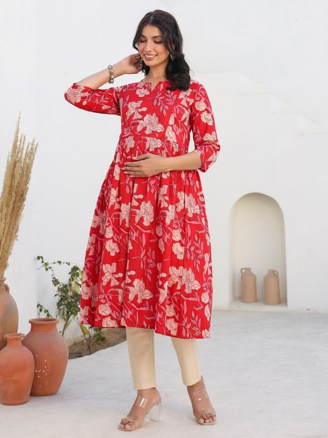 [Maternity Wear] Red Pure Cotton Floral Printed A-line Kurta \ Only Top [ Export Quality ]