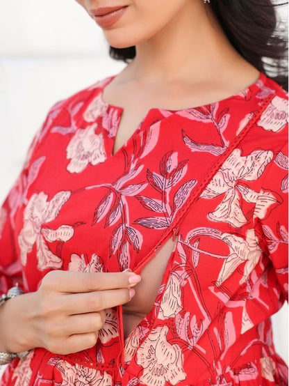 [Maternity Wear] Red Pure Cotton Floral Printed A-line Kurta \ Only Top [ Export Quality ]