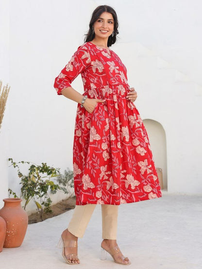 [Maternity Wear] Red Pure Cotton Floral Printed A-line Kurta \ Only Top [ Export Quality ]