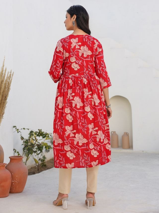 [Maternity Wear] Red Pure Cotton Floral Printed A-line Kurta \ Only Top [ Export Quality ]