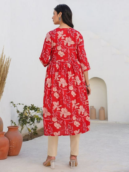 [Maternity Wear] Red Pure Cotton Floral Printed A-line Kurta \ Only Top [ Export Quality ]
