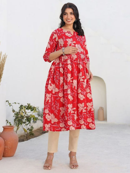 [Maternity Wear] Red Pure Cotton Floral Printed A-line Kurta \ Only Top [ Export Quality ]