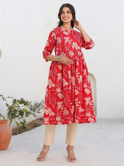 [Maternity Wear] Red Pure Cotton Floral Printed A-line Kurta \ Only Top [ Export Quality ]