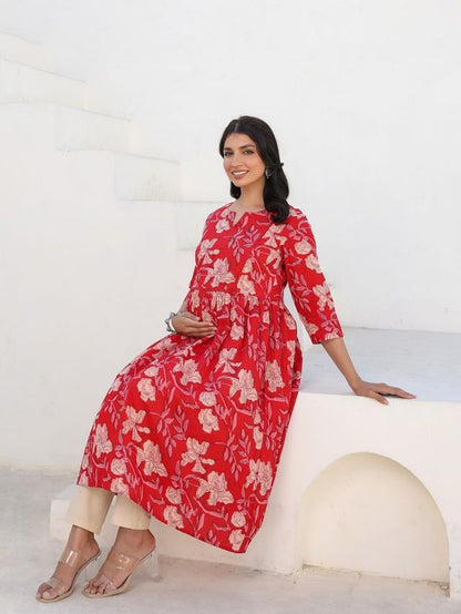 [Maternity Wear] Red Pure Cotton Floral Printed A-line Kurta \ Only Top [ Export Quality ]