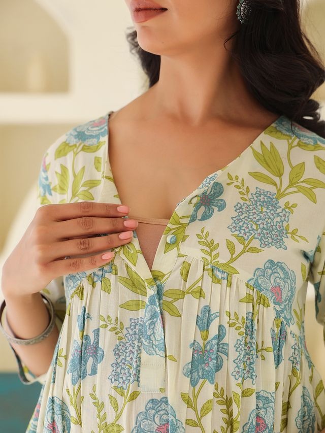 [Maternity-Wear] Off White Pure Cotton Floral Printed A-Line Dress \ Only Top [ Export Quality]