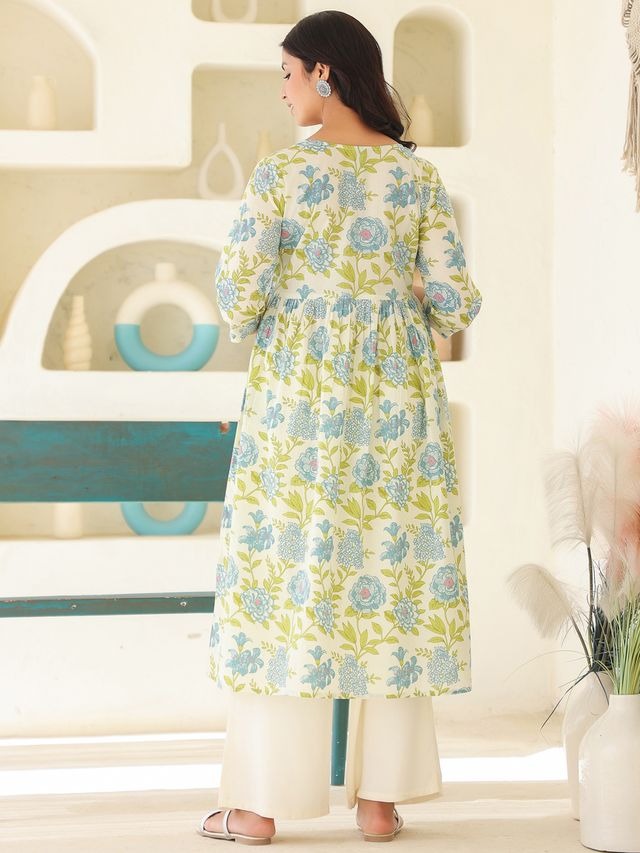 [Maternity-Wear] Off White Pure Cotton Floral Printed A-Line Dress \ Only Top [ Export Quality]