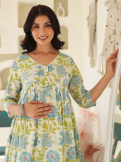 [Maternity-Wear] Off White Pure Cotton Floral Printed A-Line Dress \ Only Top [ Export Quality]