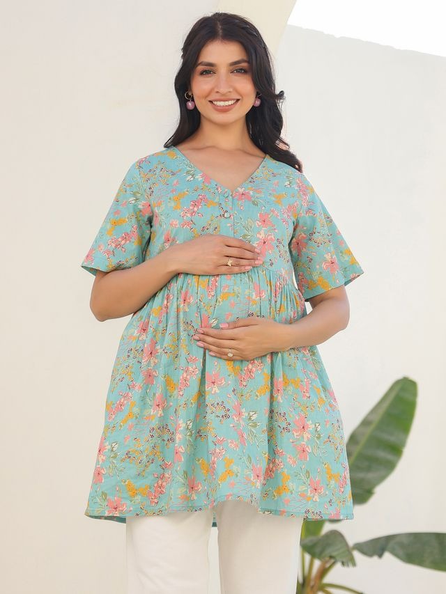 [Maternity Wear] Blue Pure Cotton Floral Printed A-line Tunic \ Only Top [ Export Quality ]
