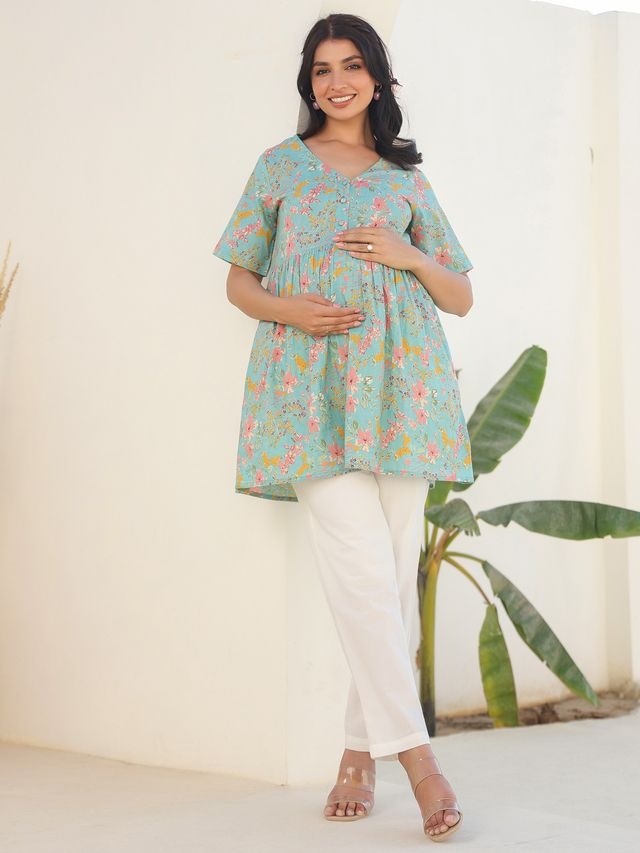 [Maternity Wear] Blue Pure Cotton Floral Printed A-line Tunic \ Only Top [ Export Quality ]